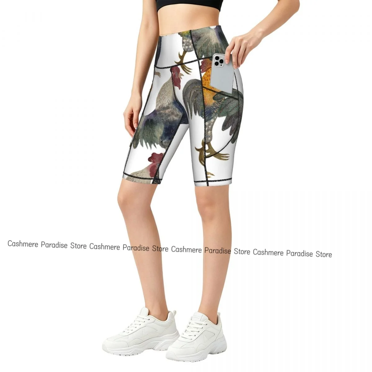 Watercolor Roosters Sport Yoga Shorts Pants Women Fitness High Waist Hip Lift Running Yoga Side Pockets Tights Sportswear