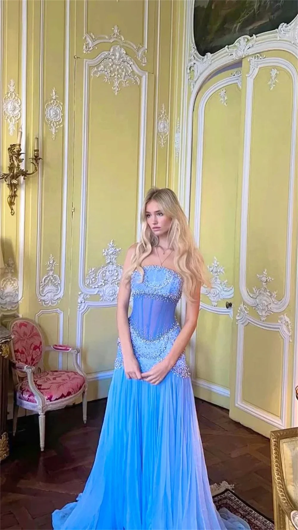 Contessa Custom Baby Blue Strapless Evening Dress Sheer Corset Prom Dresses Beaded Vestidos De Noche A‑Line Formal Evening 2026 image 3