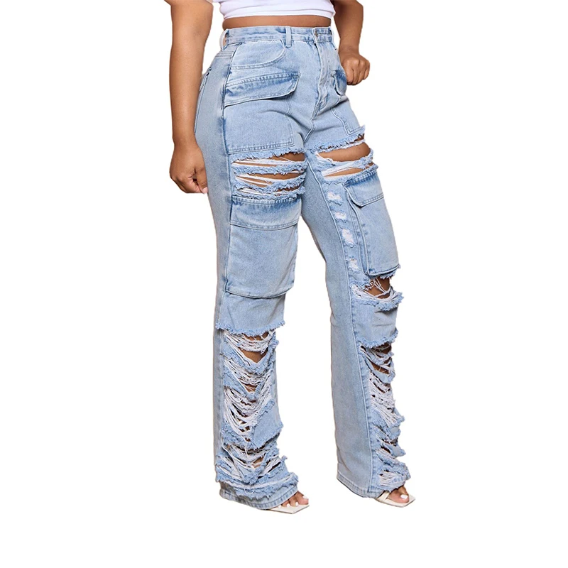 DEAT 2024 Winter New Items Fashion Casual Broken Hole Denim Long Pants For Women Loose High Waist Jeans Female Trendy 33A2302