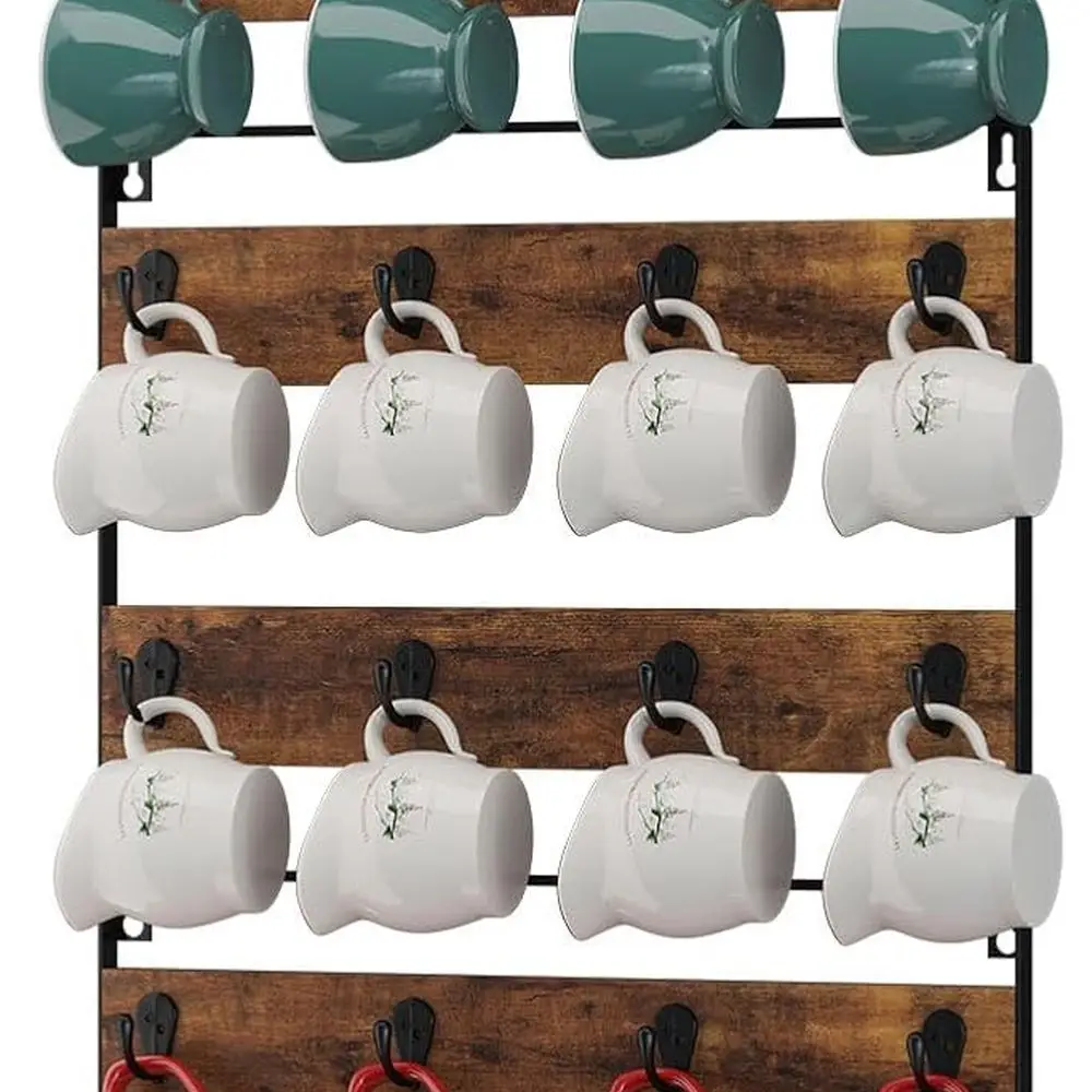 

Настенная трехъярусная полка для кружек, деревянный органайзер в деревенском стиле с 24 крючками для кухни, дома и кофейной станции