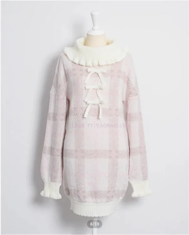 

Japanese Style Pure Original Plaid Jacquard Knitted Long Sweater Autumn Winter Sweet Girls Versatile Ruched Lace Sweater Dress