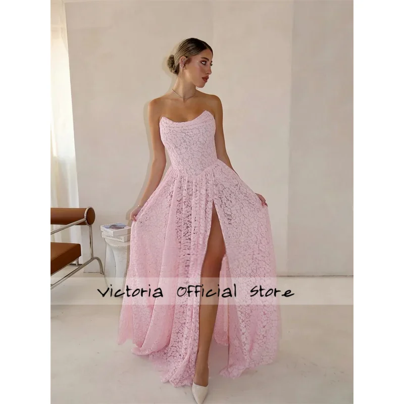 Exquisite Lace Appliques Prom Dresses Long A Line Pink High Side Slit Formal Dresses Evening Party Gown Woman Customized