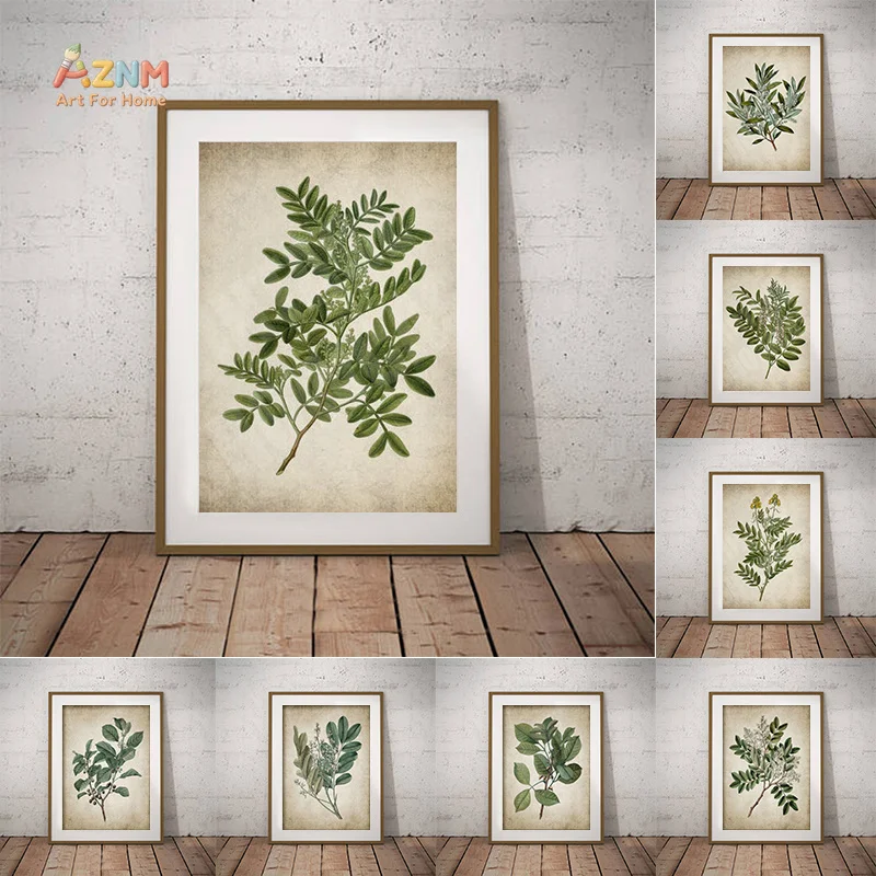 AZNM Vintage Botanical Canvas Wall Art,Retro Paper Green Plant Leaf Illustration Unframed Canvas Poster for Living Room Bedroom