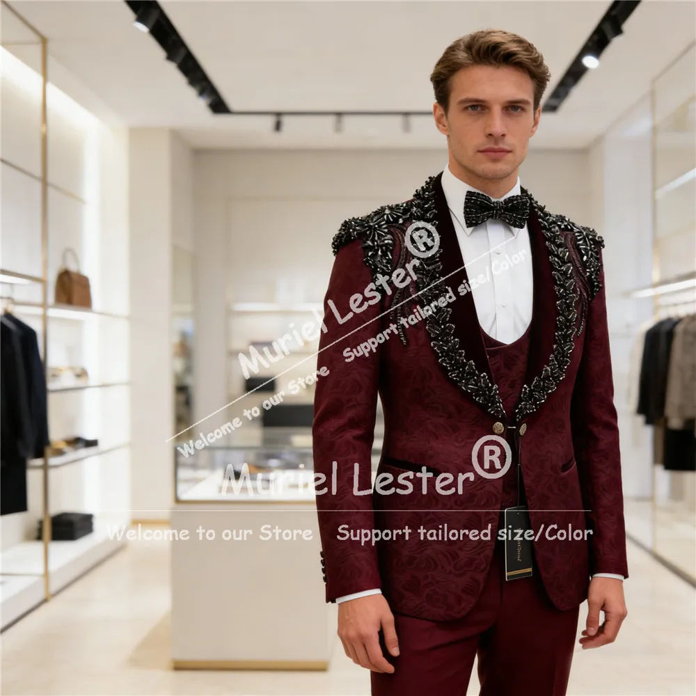 

Classic Suit Men For Wedding Rhinestone Beaded Appliques Groom Blazers Customized 3 Piece Sets Man Formal Wear Tuxedo Attire