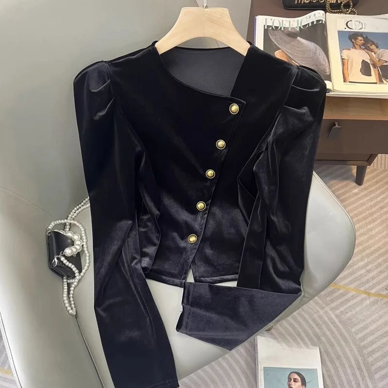 

Retro Velvet Shirt Women's Slim Fit Luxury Style Professional Turn-Button Top Autumn Winter New Arrival Elegant Fashion