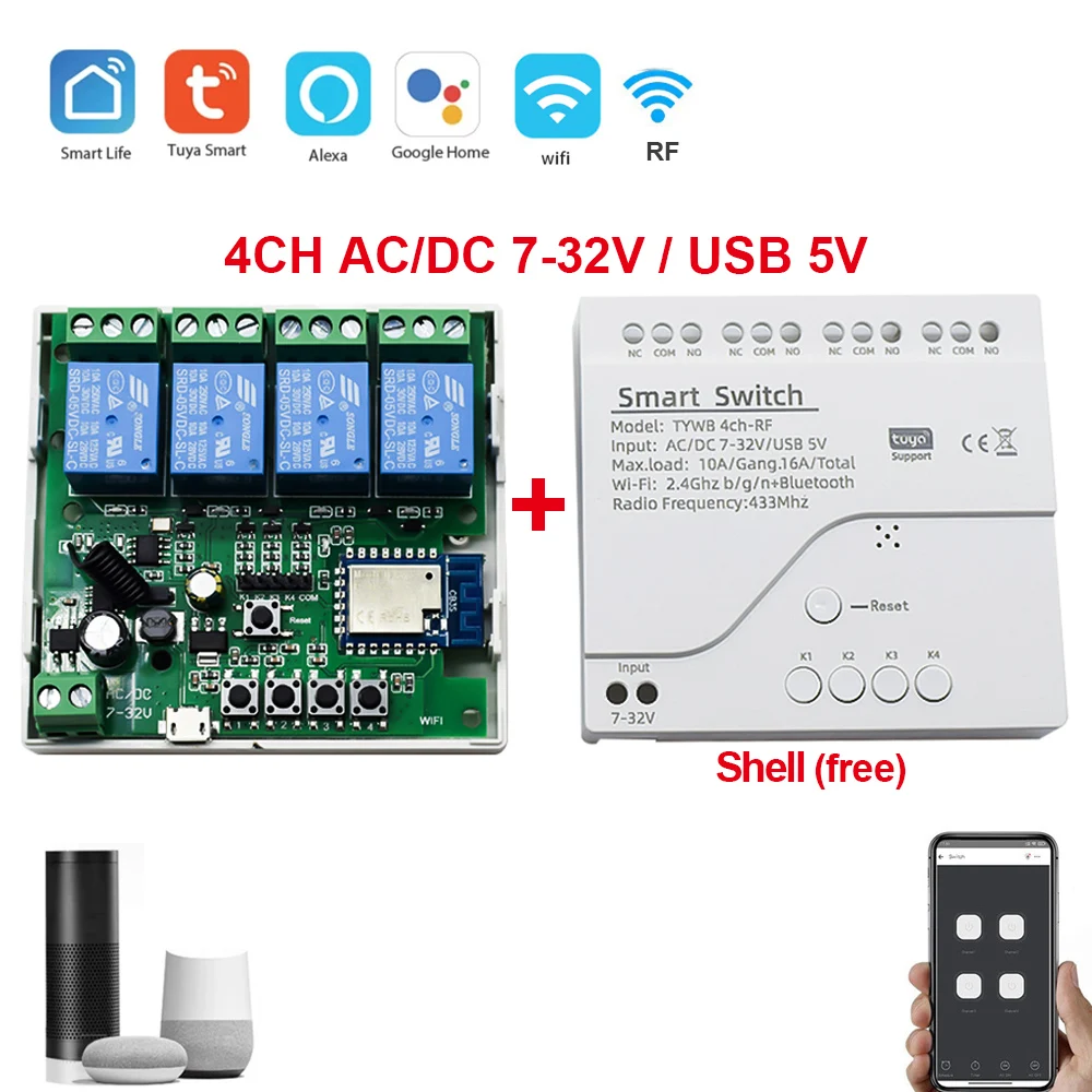 Tuya RF 433mhz Smart WIFI Switch Module DC 12V 24V 32V 220V Relay Tuya Smart Life APP Remote Control Garage Door Opener Alexa