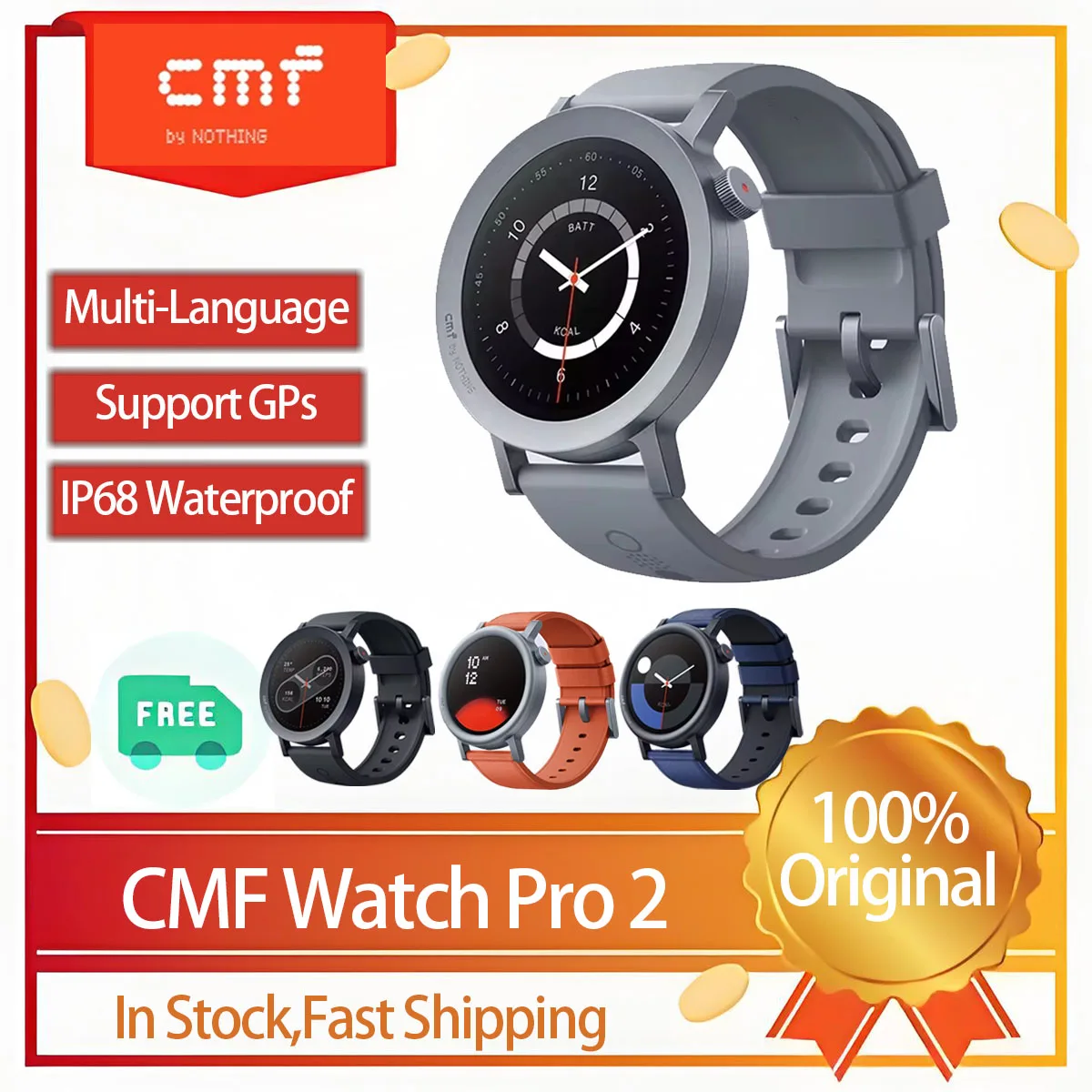 Global Version CMF by Nothing Watch Pro 2 AMOLED Smart Watch Bluetooth Call with AI Noise Reduction GPS Water Resistant Fitness