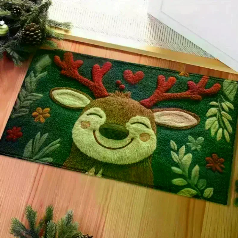 Fluffy Christmas Deer Microfiber Bath Mat Quick Dry & Absorbent Floor Mat Festive Holiday Design With Red Berries & Green Leaves