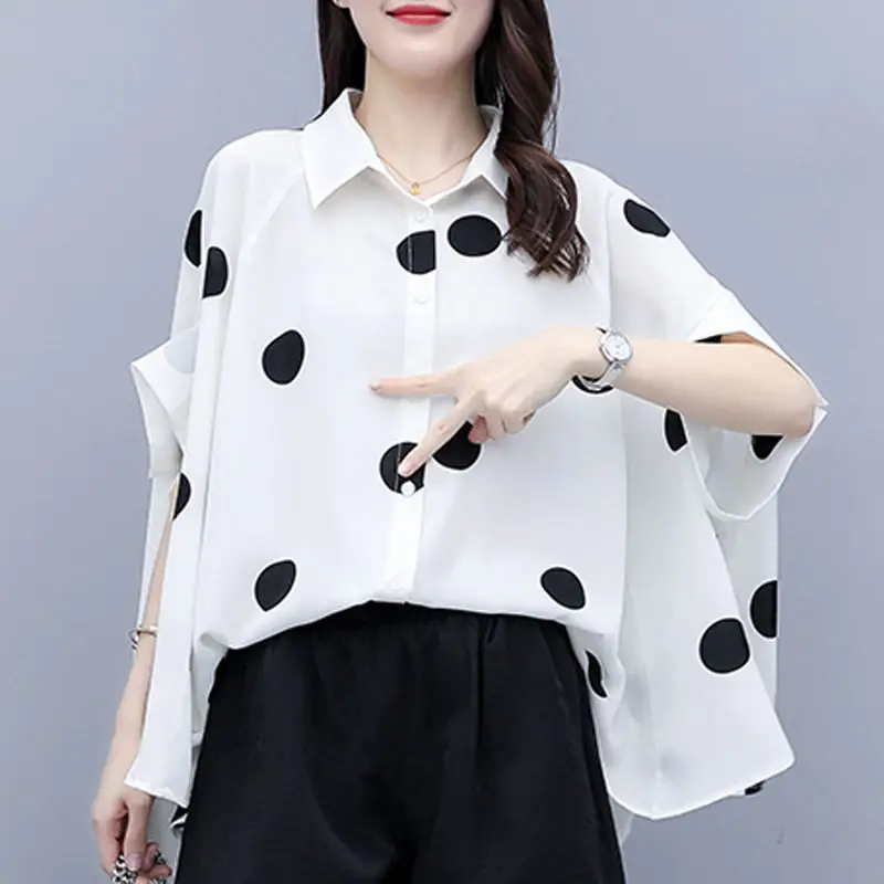 

Fashion Printed Asymmetrical Batwing Sleeve Polka Dot Shirt Women's Clothing 2023 Summer New Casual Pullovers Irregular Blouse