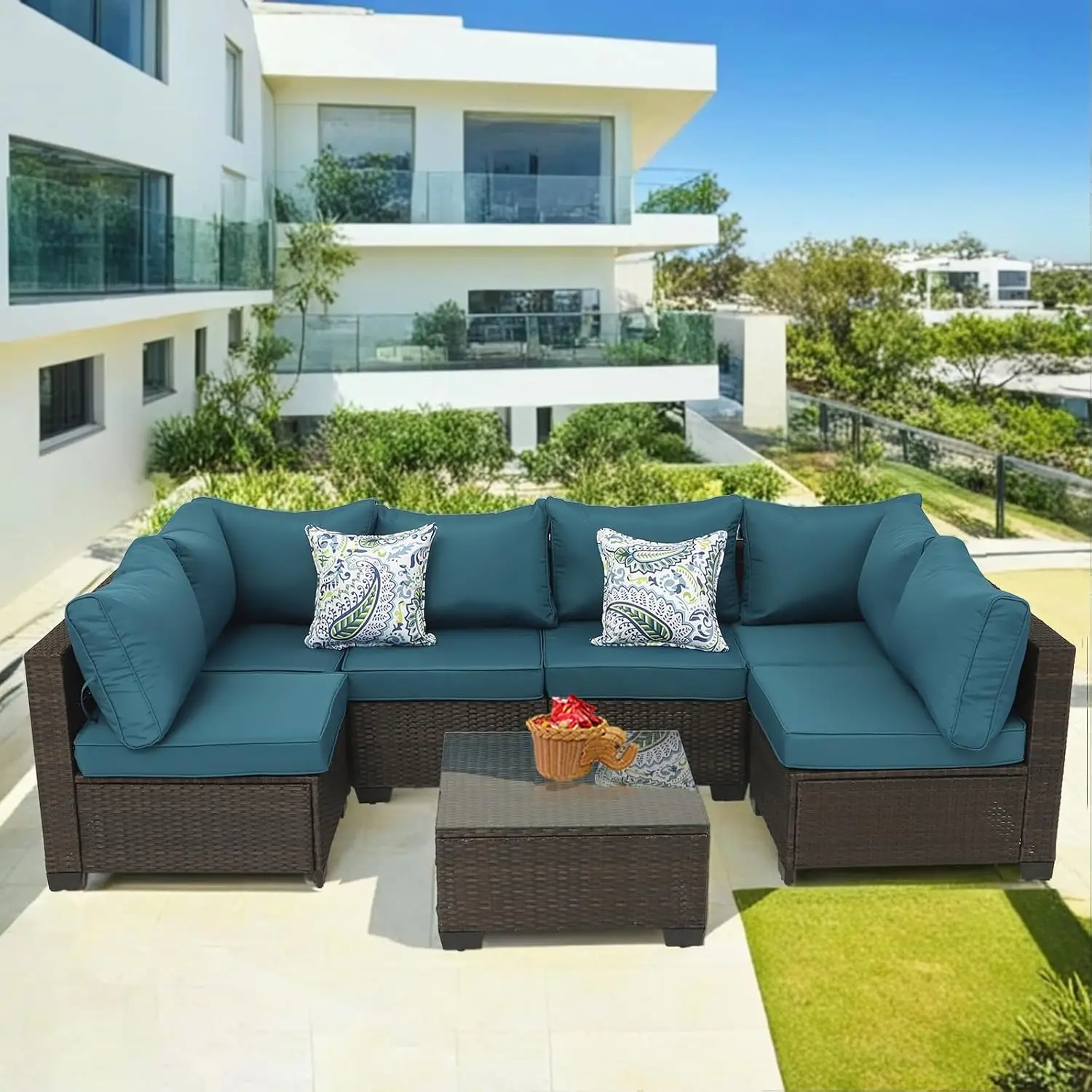 Patio Furniture Sets 7 pieces, Outdoor Sectional Sets All Weather Conversation Sofa w Cushions and Glass Coffee Table for Porch