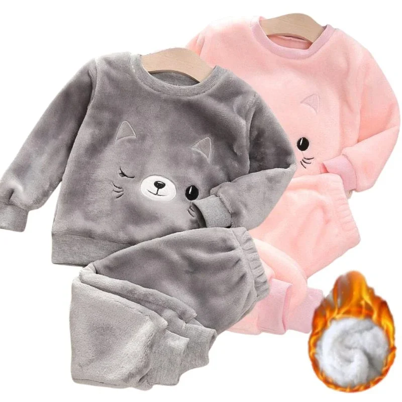 Coral Velvet Super Soft Pajamas Sets for Kids Boys Girls Long Sleeves Pants Lazy Children Sleepwear Sets Solid Nightwear Suits