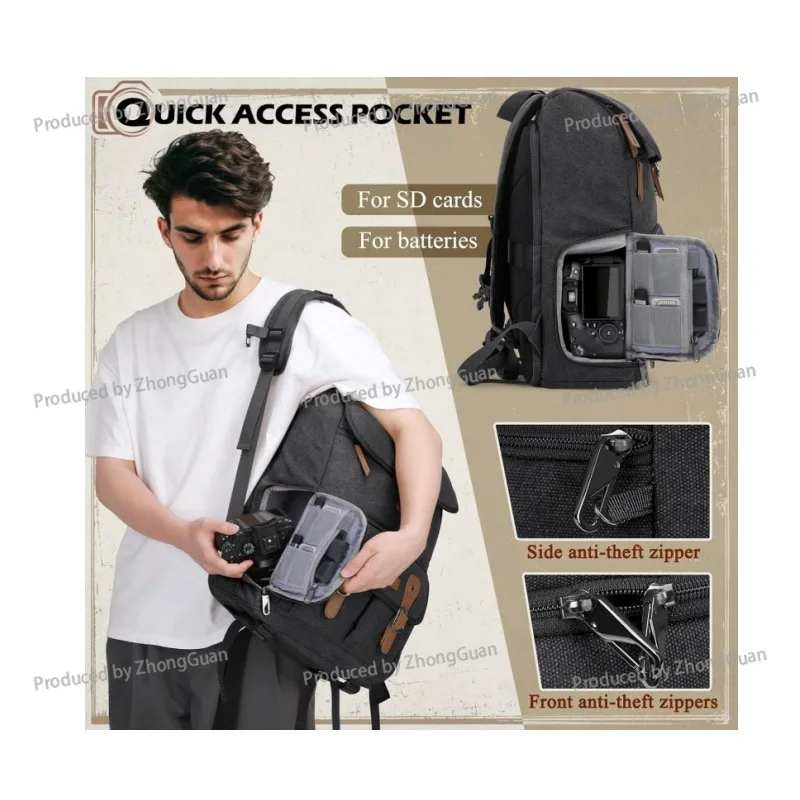 SLR Double Shoulder CameraWaterproof and Anti-theft Large Capacity Canvas Outdoor Bag Double Shoulder Photography Backpack view 3