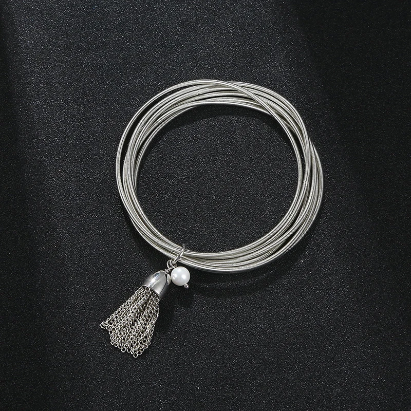 Fashion Jewelry Women' Holiday Gift Spherical Pearl Charm Metal Chain Tassel Elastic Ring Combination Telescopic Spring Bracelet