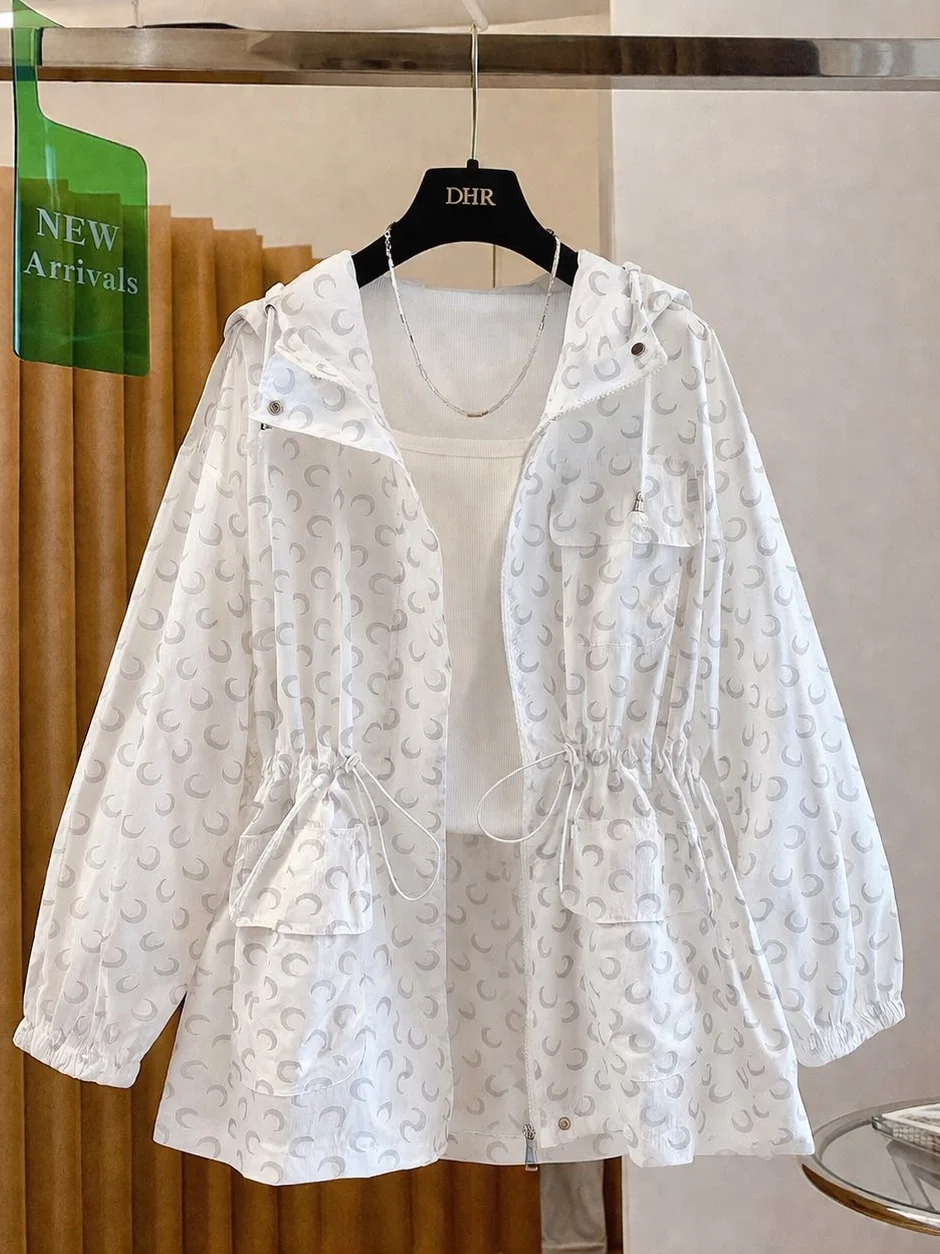 Loose Casual Moon Print Mid-Length Women's Sun Protection Shirt Open Cardigan Spring Summer Fashion Outerwear Cotton 