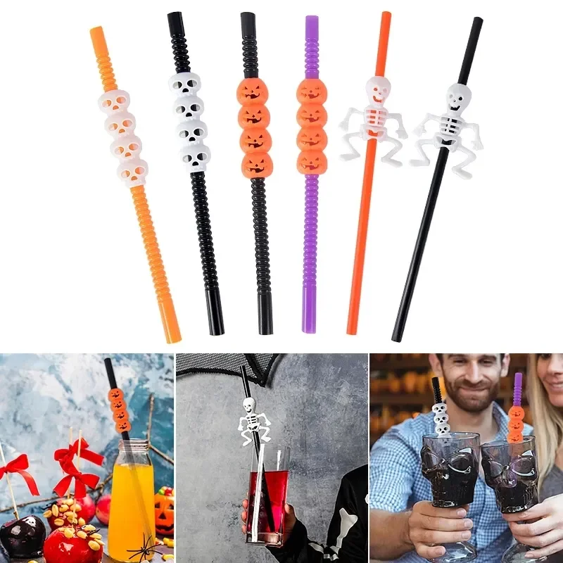 

24pcs Halloween Skull Pumpkin Plastic Straws Happy Halloween Party Supplies Home Bar Decoration Prop Kid Cocktail Drinking Straw