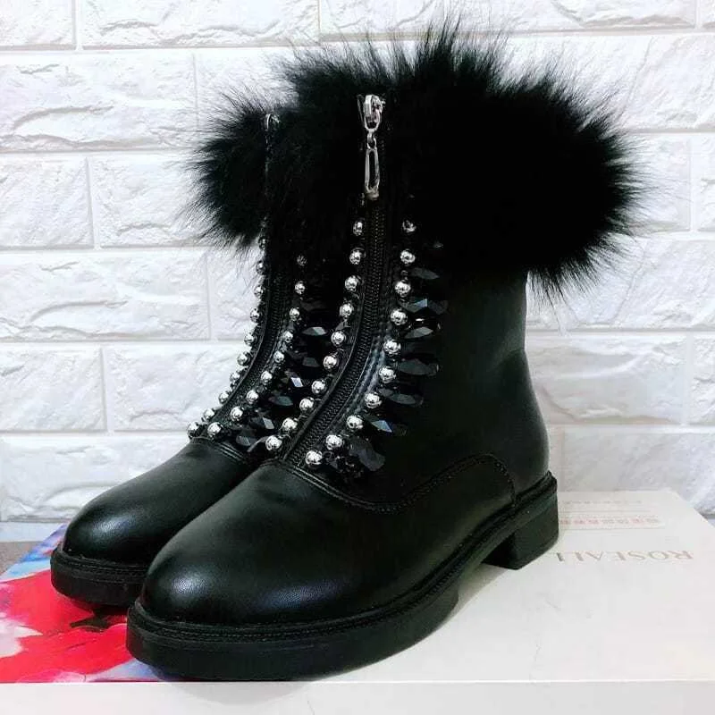 Fox hair rhine-drill heavy fur one front zipper mid-calf boots Party party thickener women's boots cotton shoes 35-40