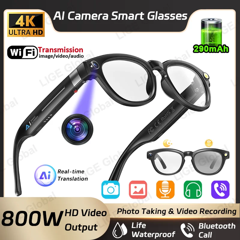LIGE 신형 AI 800W 4K 카메라 스마트 안경 블루투스 음성 통화 음악 안경 비디오 음성 녹음 번역 색상 변환 렌즈