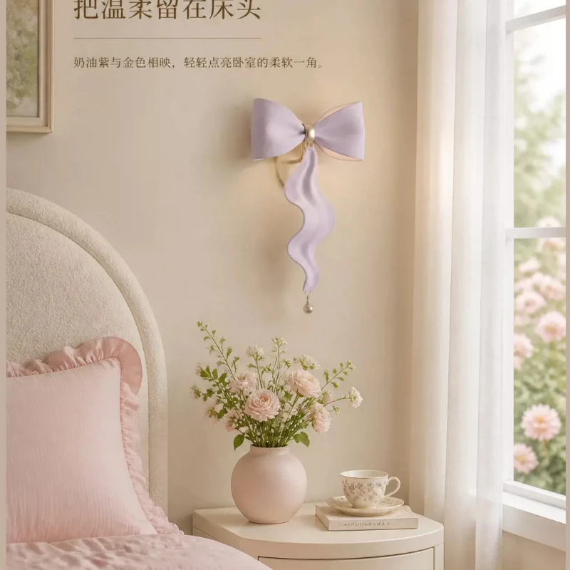 French bow wall lamp girl heart resin bedroom bedside lamp cream wind princess room Internet celebrity decoration wall lamp
