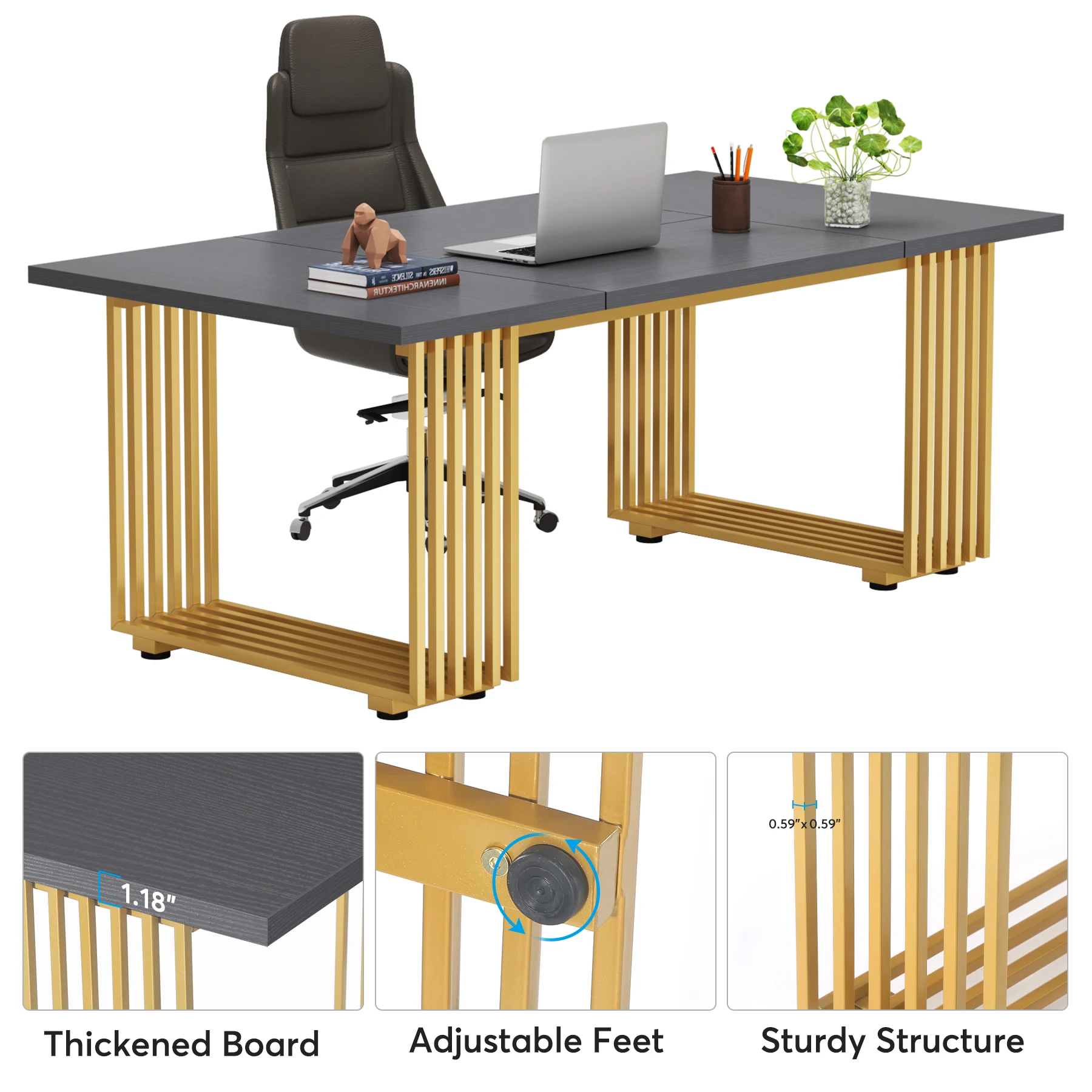 Tribesigns 70.9 "โต๊ะผู้บริหารที่ทันสมัย, โต๊ะทำงานไม้, โต๊ะคอมพิวเตอร์สีเทาเรียบง่ายขาโลหะสีทอง