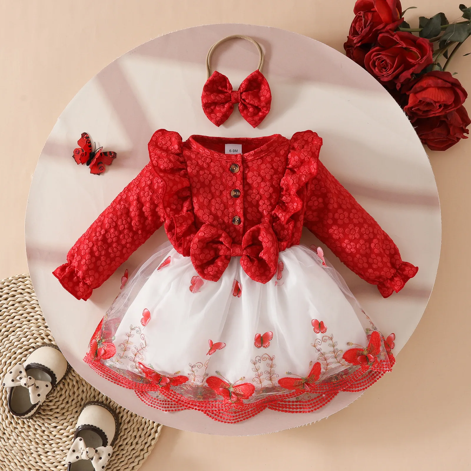 

Baby Dresses Birthday Party Costume Pink Jacquard Cardigan Coat and Lace Butterfly Dress for Girls Newborns Infants Clothes