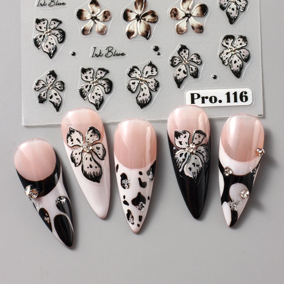 2pcs 검은 갈색 꽃 3D 네일 아트 스티커 데칼 표범 난초 꽃잎 피는 꽃 잎 열 대 네일 장식 슬라이더