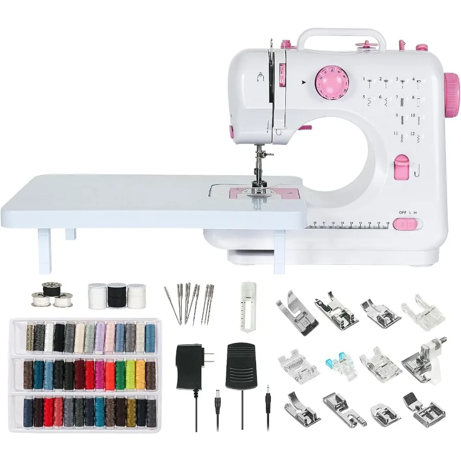 

Sewing Machine for Beginners Mini Sewing Machine Built-in 12 Stitches 13 Replaceable Presser Feet Extension Table Light Reverse