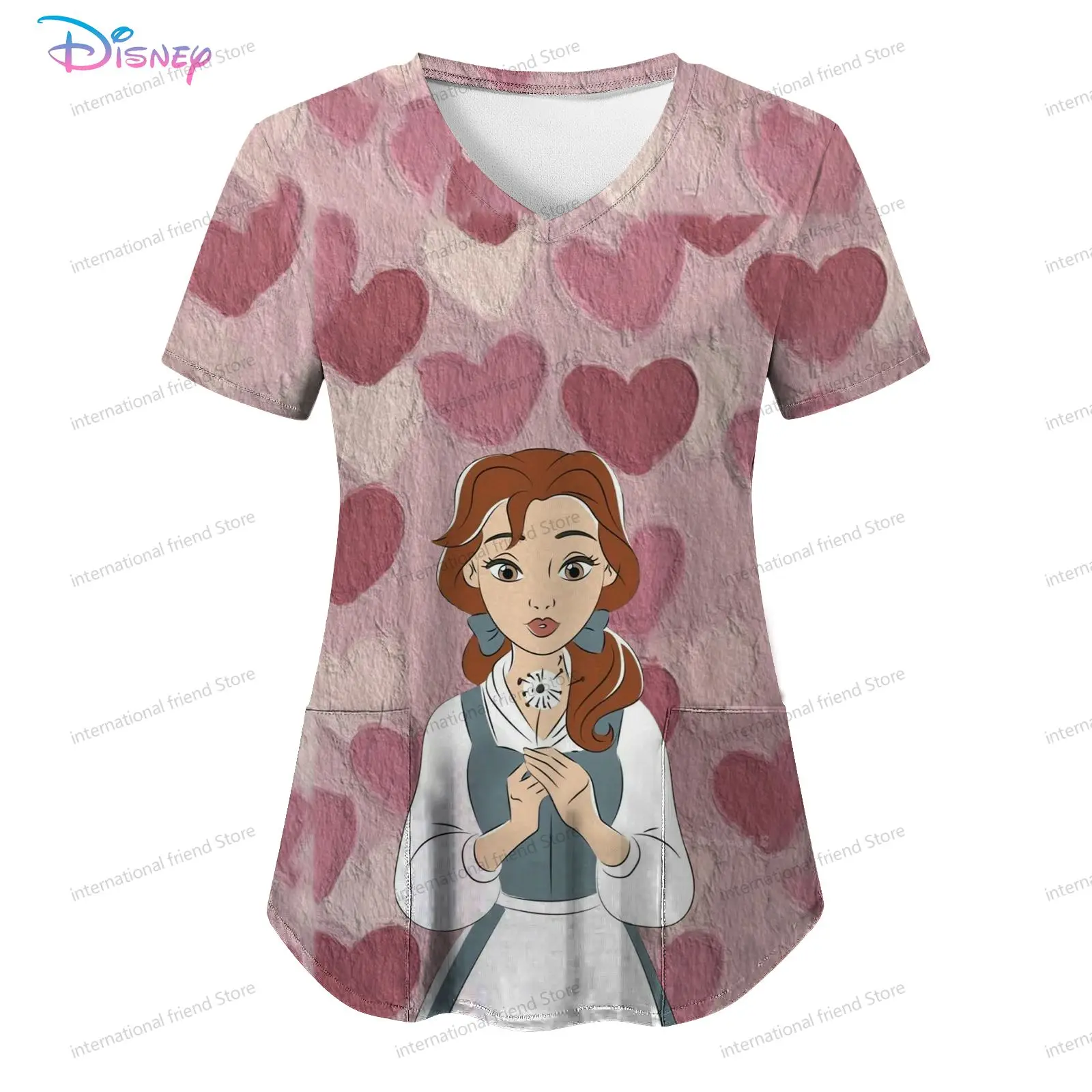 Disney Princess Women's V Neck Nurse Uniform T-Shirt Pocket Summer New Dress Woman Clothing 2024 Cheap Top Y2k S-2XL Kawaii Tops