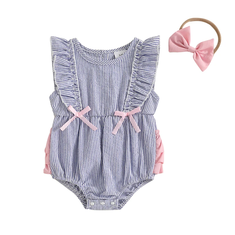 bebe-meninas-macacao-listra-babados-sem-mangas-macacoes-roupas-de-verao-bodysuits-com-bandana