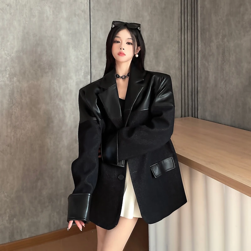 High-end Handsome Tailored Coats Women's 2025 Spring Autumn New Thick Pu Leather Tops Splicing Design Long Sleeve Suit Jackets