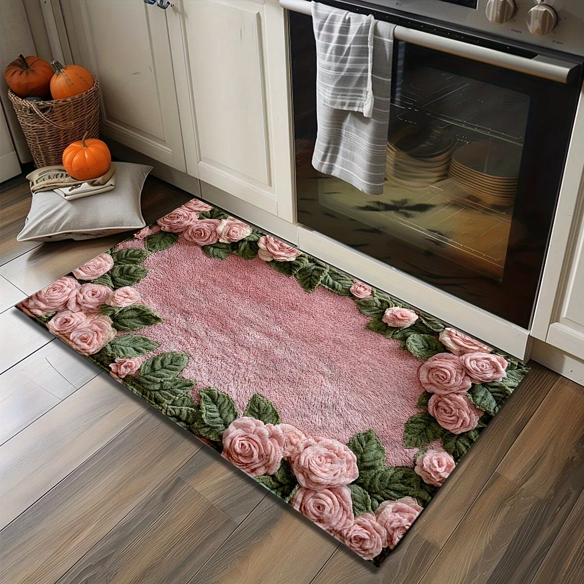 Imitation Cashmere Pink Rose Pattern Anti Slip Bath Mat, Ultra-Fine Fiber Machine Washable, Low Fleece Blanket, TPR Backing,