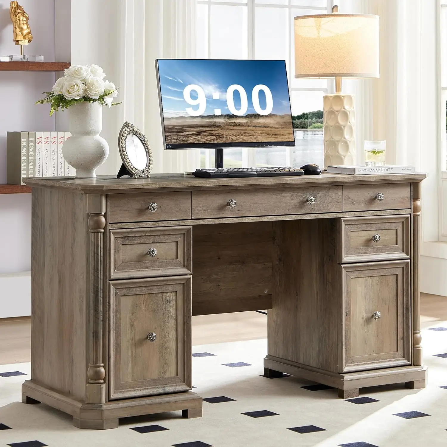 

55'' Wood Executive Desk With 7 Drawers - Farmhouse Home Office Desks With Power Outlet, Wooden Computer Desk With Roman
