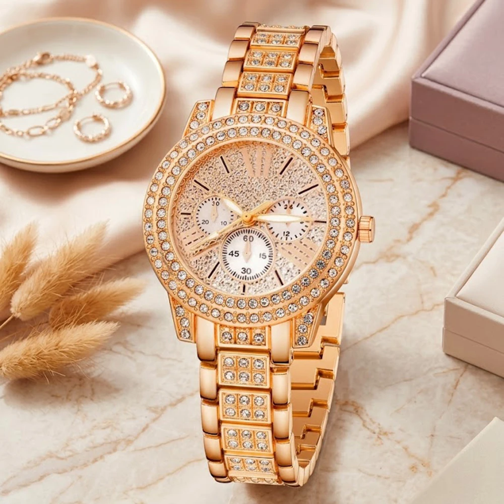 5Pcs/Set Unisex Jewelry Watches Women's Wristwatch Accessories Rose Gold Trendy Fashionable Elegant Classic Exquisite Light Luxury Rhinestone Luxury Quartz Watch Set Y2K Suitable for Travel, Parties, Daily Outfits, Perfect Birthday and Holiday Gift