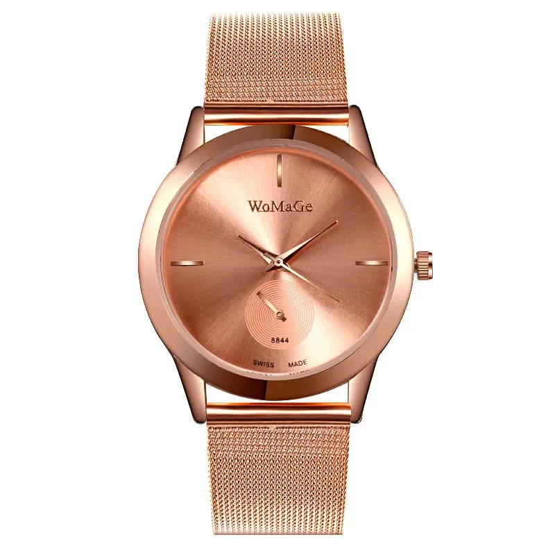 WOMAGE-relojes de moda para mujer, relojes de lujo de oro rosa, relojes sencillos para mujer, pulsera de malla, reloj de cuarzo para mujer