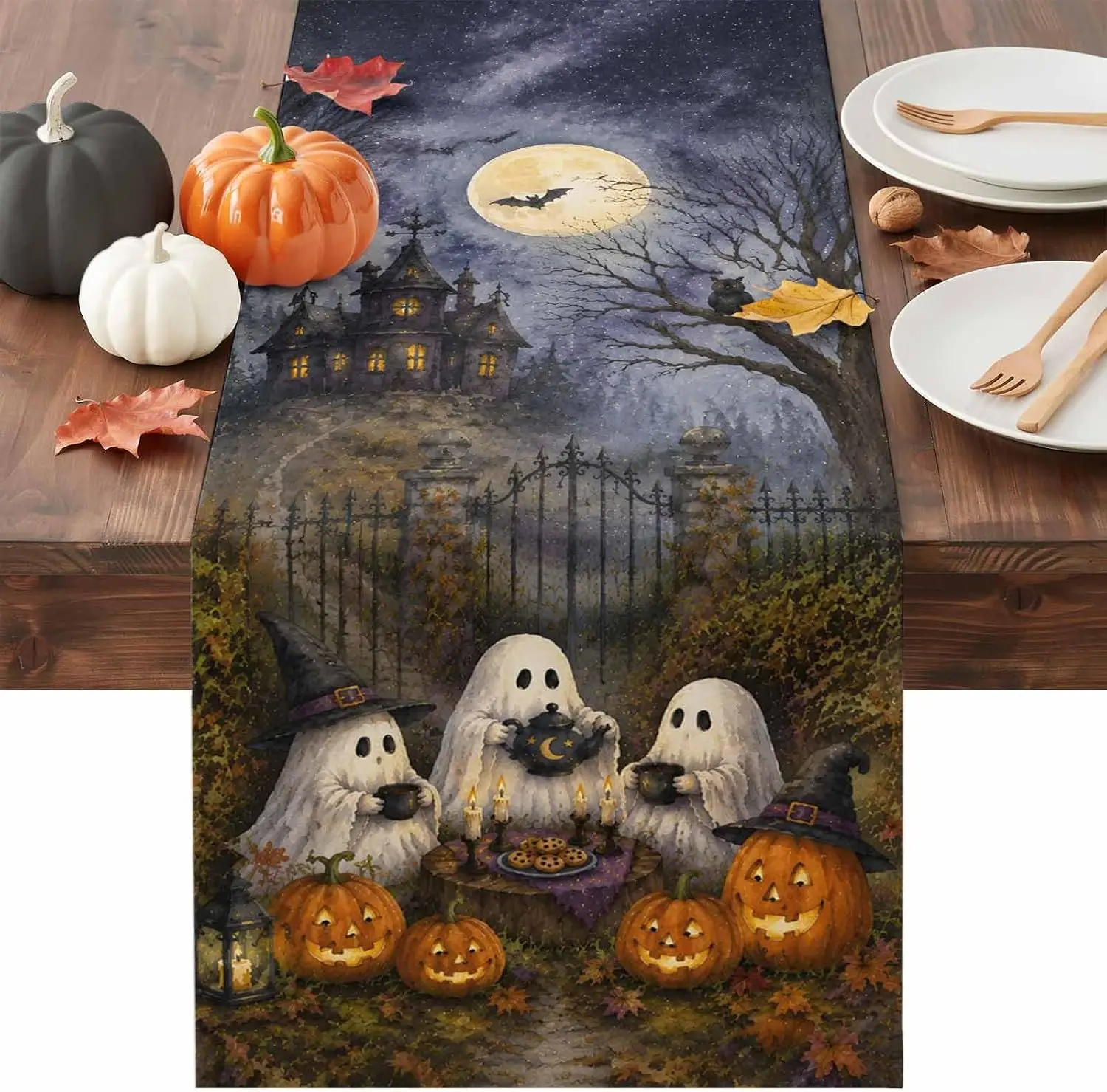 Halloween Ghosts Pumpkin Moon Haunted Castle Linen Table Runner Home Decor Reusable Kitchen Dining Table Runners Halloween Decor