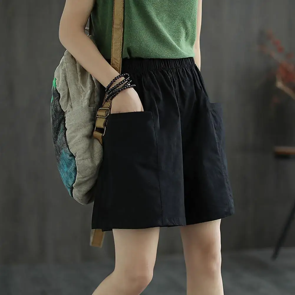 Elegant Fashion Harajuku Slim Fit Female Clothes Casual Wide Leg Pants Solid Pockets High Waist Straight Leg Shorts