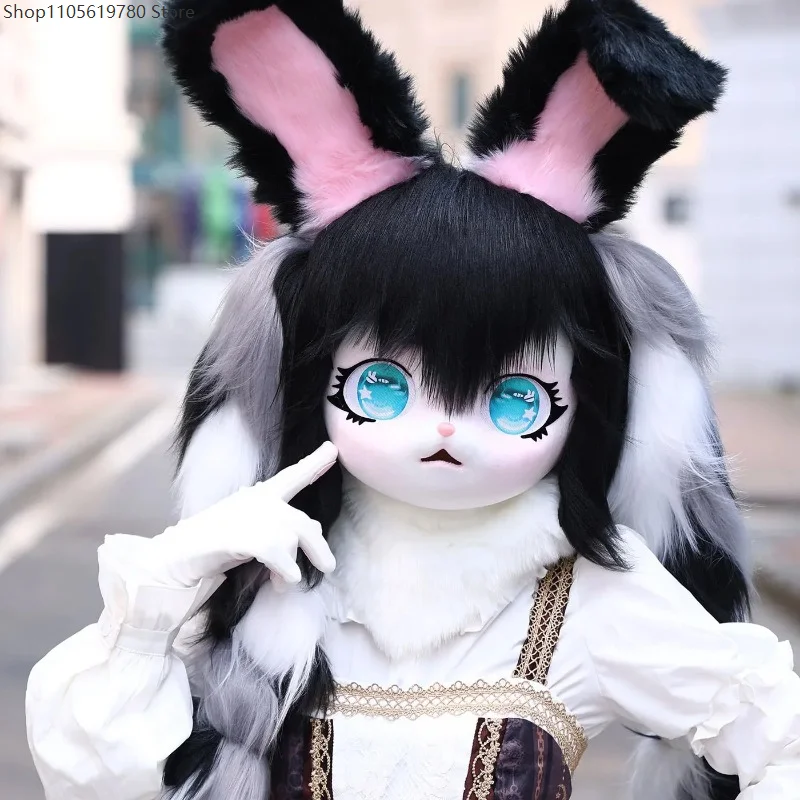 

Fursuit Rabbit Head Mask Furry Cosplay Set With Paw Tail Animal Role Play Outfit Kids Holiday Gift Matching Costume Accessory