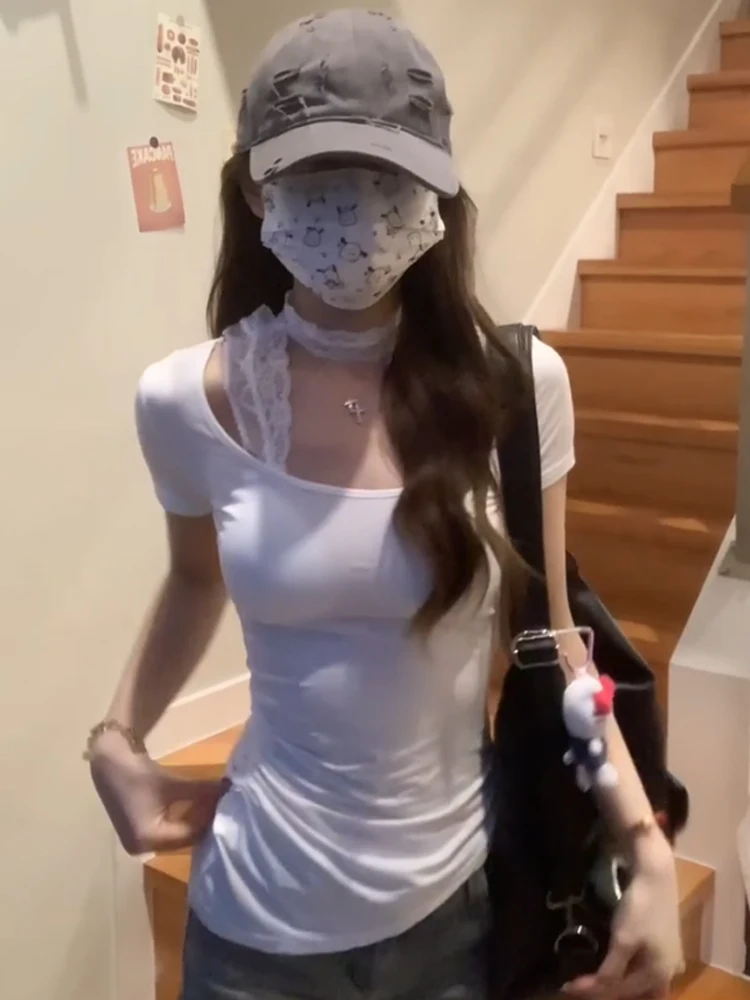 الرغبة النقية الدانتيل تصميم ort Sve تي شيرت المرأة الصيف سليم صالح U-Ne معلقة Ne قميص أبيض Ele Faionable التخسيس