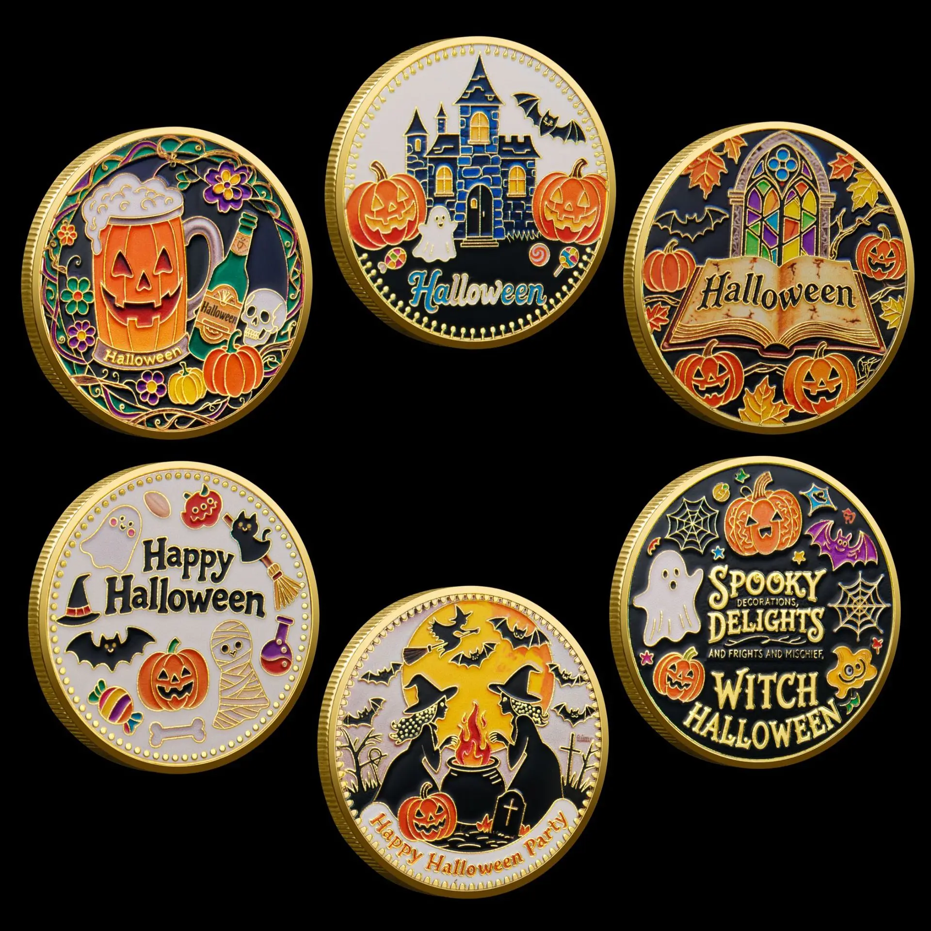 1Pc Halloween Cartoon Commemorative Coin Cute Pumpkin Ghost Carriage Happy Halloween Souvenir Coin Halloween Gifts for Friends