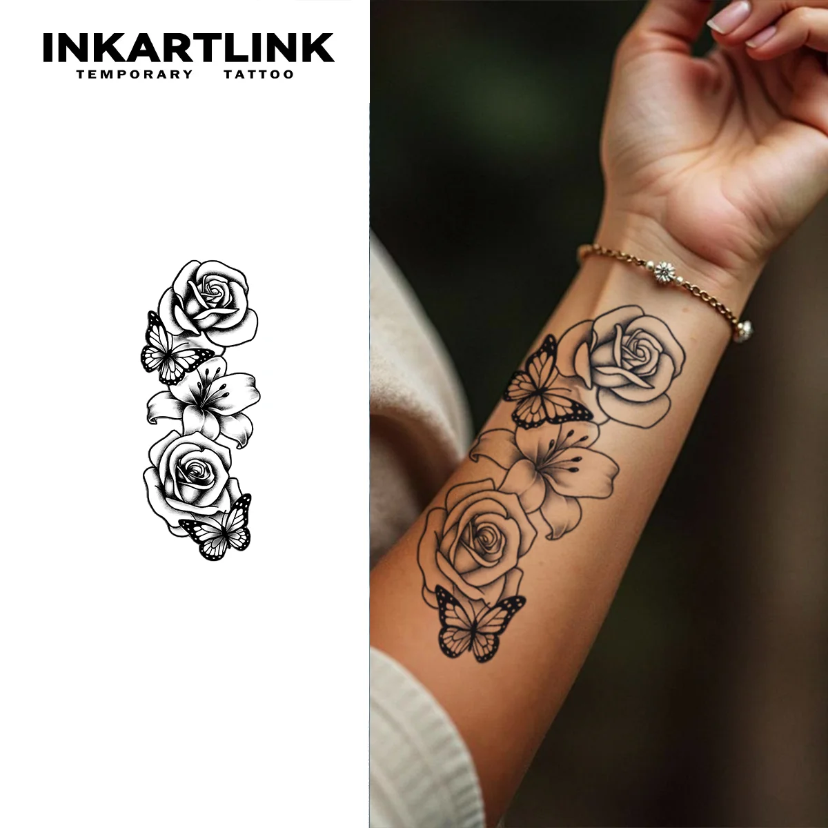 INKARTLINK 1PC Herbal Rose Lily Butterfly Tattoo Lasts 2-5 Days, Unisex for Dates, Daily Wear & Elegance