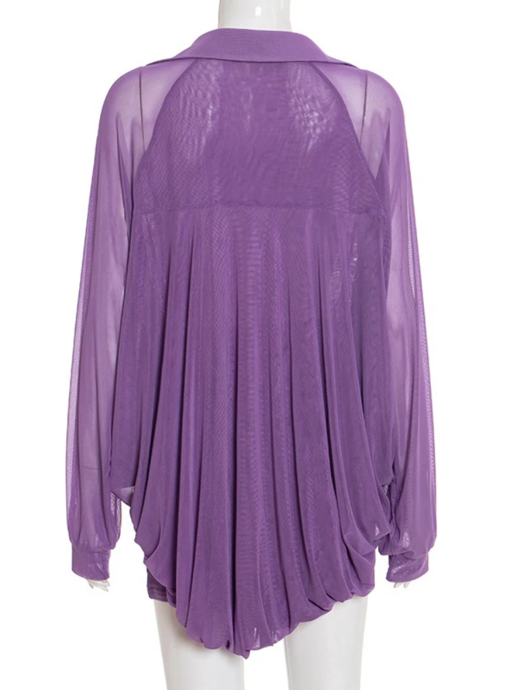 SsTss المرأة الصلبة 2 قطعة مجموعة فريدة من نوعها سوينغ مطوي هيم كم طويل غير المتكافئة هيم بلوزة فضفاضة وتنورة قلم رصاص صغيرة الدعاوى #4