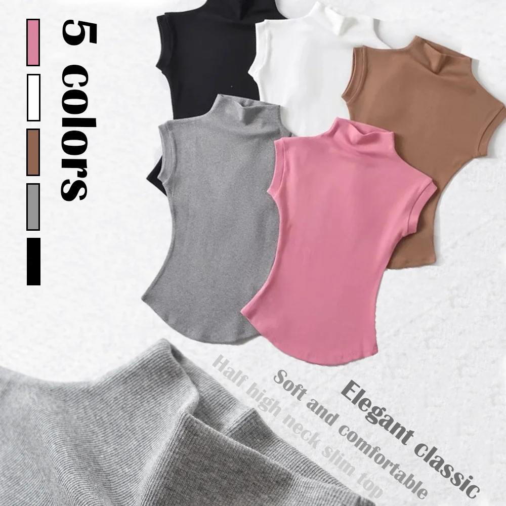 

2024 summer autumn new half turtleneck short sleeved top, womens solid color elegant classic office commuting casual tops