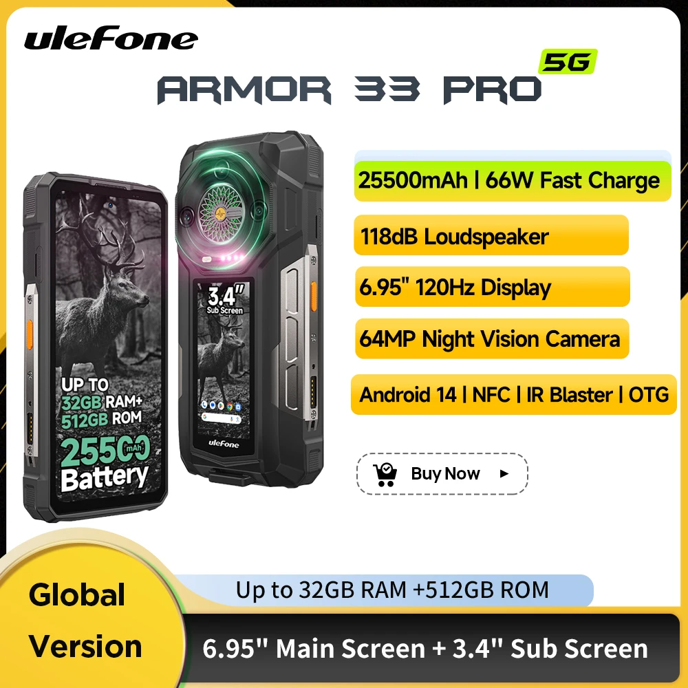 Ulefone Armor 33 Pro 5G Rugged Phone Android 14 Smartphone 6.95" 120Hz Up to 32GB+512GB 25500mAh NFC 66W Charge  Loud Speaker