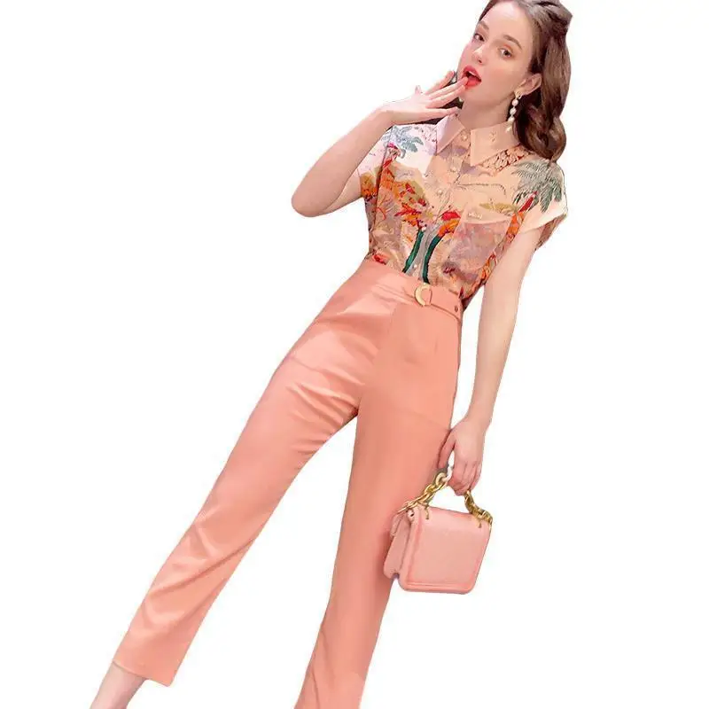 Fashion Women\'s Suit Spring and Summer 2022 Vintage Casual Printed Shirt High Waist Trousers Two-piece Elegant Women\'s Suit