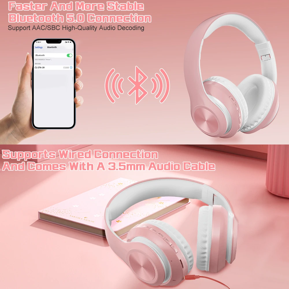 Wireless Headphones with Microphone Pink Girls Phone Gaming Headset Gamer Music Bluetooth Headphone For Children Lady Gifts