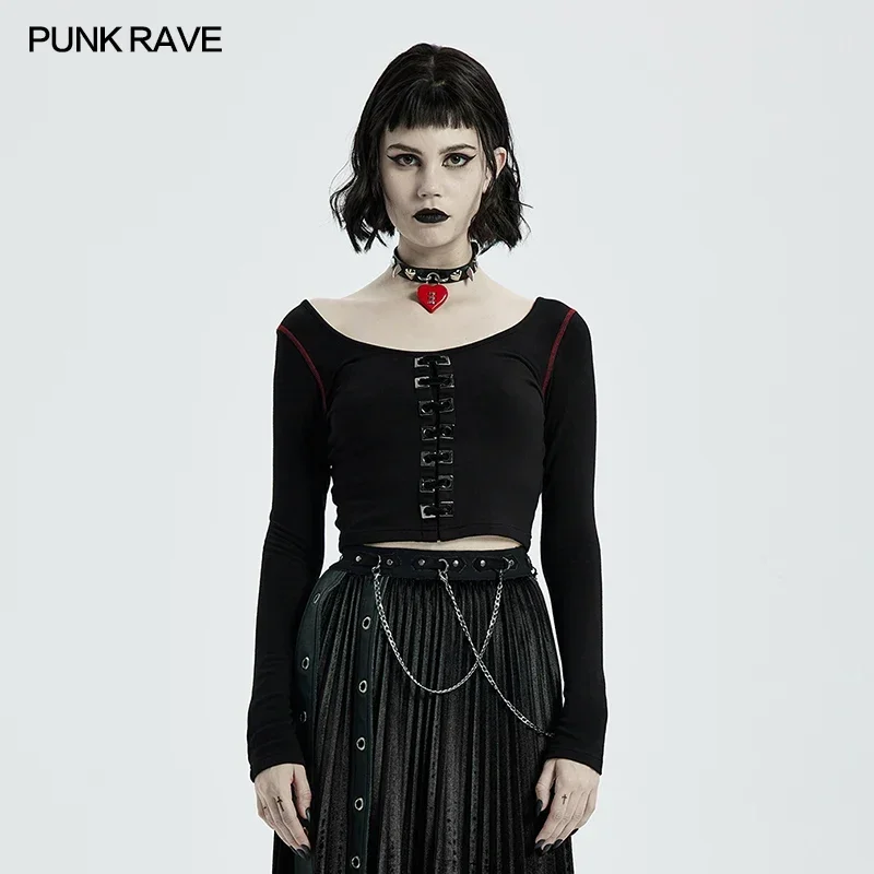 Maglietta nera a maniche lunghe PUNK Crop da donna Punk RAVE moda gotica quotidiana Kinny Square occhielli decorazione Top corto