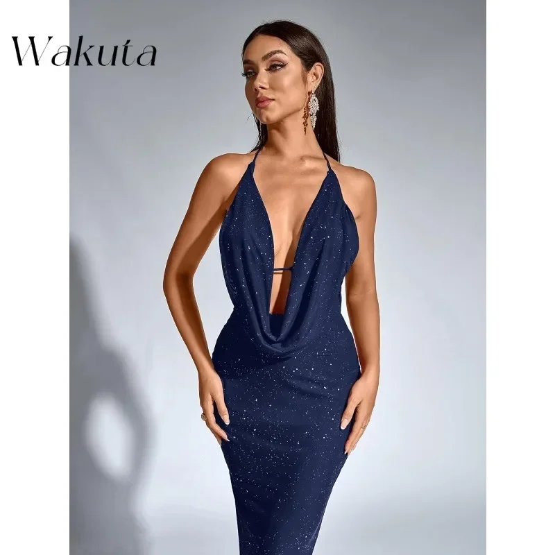 Wakuta Vintage Women Sexy Sequin Bodycon Maxi Dresses V Neck Split Back Formal Evening Cocktail Party Long Vestidos De Madrina