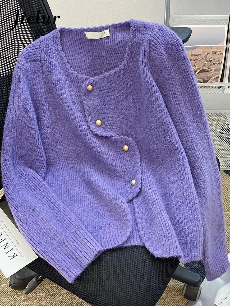 

Jielur Autumn New Solid Color Slim Women Cardigan Sweet Ladies Elegant Cardigan Woman Purple Knitted Fashion Sweaters Female