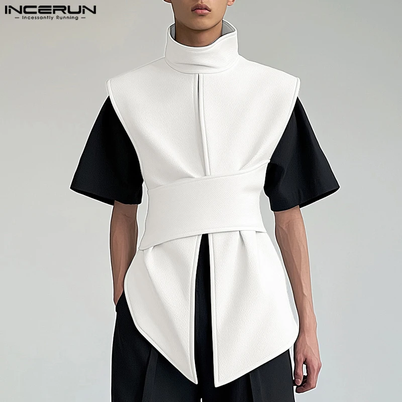 

INCERUN модные нерегулярные мужские топы на бретелях, однотонные топы с поясом и воротником-стойкой, футболки, мужские жилеты, топы с разрезом, большие размеры, S-5XL, уличная одежда