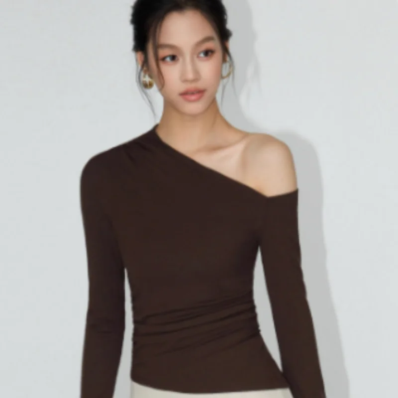 American Sle Long Sve T-shirt da donna Autunno Design Sensation Oulder obliquo Base irt Slim Fit Casual Top quotidiano