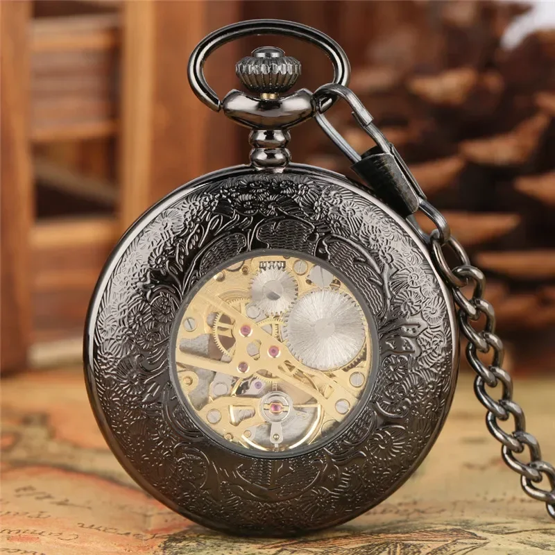 Classic Men Women Hand-winding Mechanical Pocket Watch Hollow Out Gear Case Skeleton Clock with Pendant Chain Roman Number Dial
